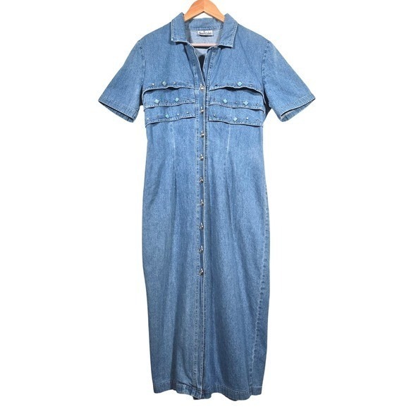 Vtg 90's Nina Piccalino Women's Large Blue Denim Maxi Dress Embellished READ - Picture 2 of 7